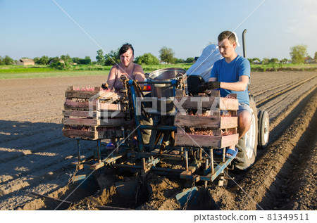 People are planting a field with potatoes. Automation of the process of planting potato seeds. New technological solutions to simplify work. Agricultural technologies. Agroindustry and agribusiness. People are planting a field with potatoes. Automation of the process of planting potato seeds. New technological solutions to simplify work. Agricultural technologies. Agroindustry and agribusiness. 81349511