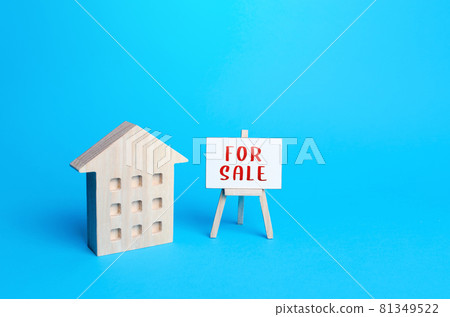 Multi-storey residential building and for sale sign. Realtor service. Sale of apartments and real estate. Investing in a rental business. Mortgage loans, tempting offers and advertising propositions. Multi-storey residential building and for sale sign. Realtor service. Sale of apartments and real estate. Investing in a rental business. Mortgage loans, tempting offers and advertising propositions. 81349522