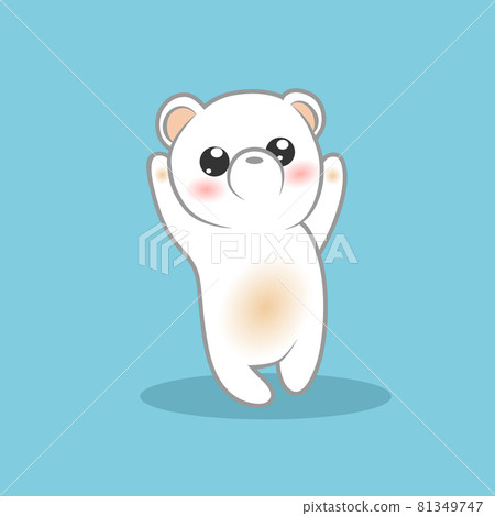 Little cute white bear cub pulls paws up isolated on a blue background.  81349747