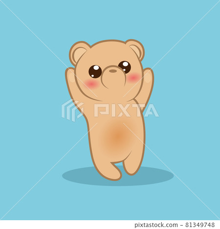 Little cute bear cub pulls paws up isolated on a blue background 81349748