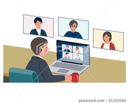 一個人與三個人在遠程辦公的網絡會議的矢量圖 81355084
