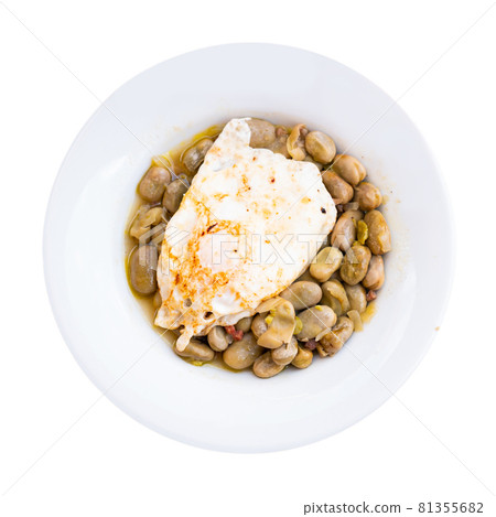 Dish of white beans with ham and fried egg Dish of white beans with ham and fried egg 81355682