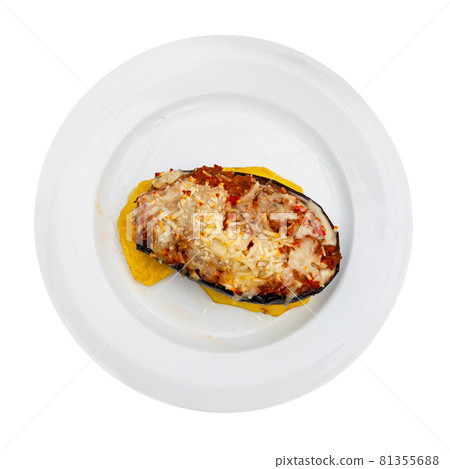 Eggplant stuffed with meat, vegetables and cheese served with baked potatoes Eggplant stuffed with meat, vegetables and cheese served with baked potatoes 81355688