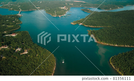 Top view of the river and its spills. The river is located near the forest Top view of the river and its spills. The river is located near the forest 81356111