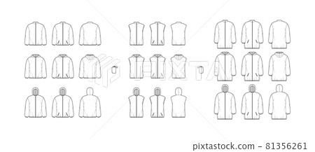 Set of Down coats vests puffer waistcoat technical fashion illustration with pouch, pockets, oversized, crop hip length. Set of Down coats vests puffer waistcoat technical fashion illustration with pouch, pockets, oversized, crop hip length. 81356261