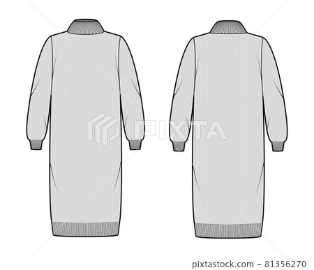 Sweater dress technical fashion illustration with knit rib turtleneck, oversized, knee length, knitted pattern texture 81356270