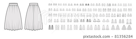 Set of Skirts technical fashion illustration with floor knee maxi ankle lengths silhouette, pencil circular fullness 81356284
