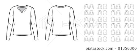 Set of shirts tops technical fashion illustration with fitted oversized body, scoop, cowl, oval, V-neck, long sleeves 81356300