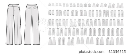 Set of Pants and shorts technical fashion illustration with low normal waist, high rise, mini midi maxi length, pockets Set of Pants and shorts technical fashion illustration with low normal waist, high rise, mini midi maxi length, pockets 81356315