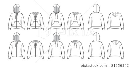 Set of Zip-up Hoody sweatshirt technical fashion illustration with long sleeves, oversized, kangaroo pouch, banded hem 81356342