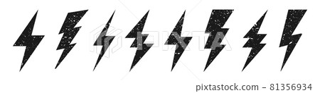 Lightning bolt icons with grunge texture isolated on white background. Vintage flash symbol 81356934