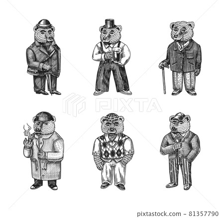 Bear in vintage costume with beer. Fashion animal character in tweed jacket. Hand drawn sketch Bear in vintage costume with beer. Fashion animal character in tweed jacket. Hand drawn sketch 81357790