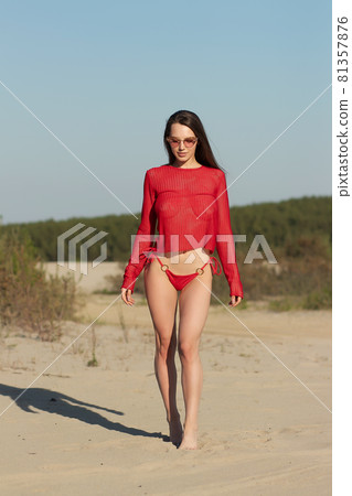 Gorgeous young female traveler in bikini walking on sandy shore Gorgeous young female traveler in bikini walking on sandy shore 81357876