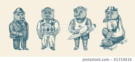 Bear in vintage costume. Fashion animal character in tweed jacket. Hand drawn sketch. Retro look 81358816