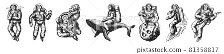 Monkey astronaut with whale, guitar, skateboard and moon. Chimpanzee spaceman cosmonaut characters Monkey astronaut with whale, guitar, skateboard and moon. Chimpanzee spaceman cosmonaut characters 81358817