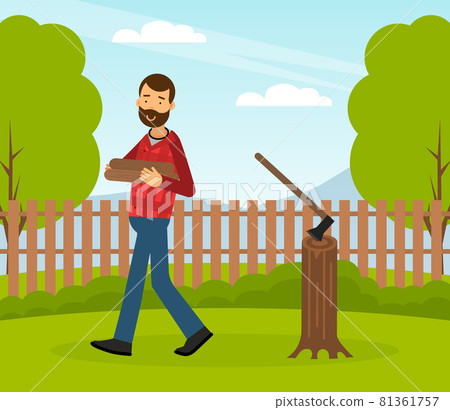 Bearded Man Lumberjack in Red Checkered Shirt Working with Wood Chopper and Lumber Vector Illustration Bearded Man Lumberjack in Red Checkered Shirt Working with Wood Chopper and Lumber Vector Illustration 81361757