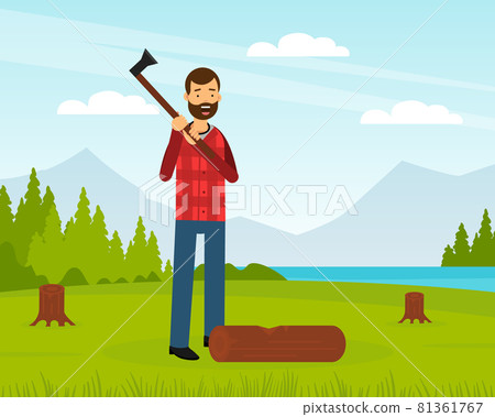 Bearded Man Lumberjack in Red Checkered Shirt... - Stock Illustration ...