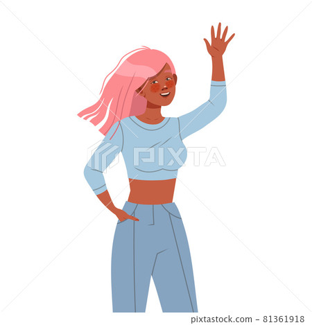 Young Woman Character with Pink Hair Posing for Selfie Smiling for the Camera and Waving Hand Vector Illustration Young Woman Character with Pink Hair Posing for Selfie Smiling for the Camera and Waving Hand Vector Illustration 81361918