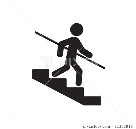 A man goes down the stairs and holds on to the handrail. Caution stairway Use Handrails symbol. Icon warning of danger. Vector illustration isolated on white background 81362916