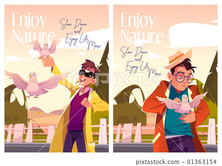 Enjoy nature cartoon posters. Good men holding white doves on hand, feed or playing with birds outdoors. Happy male character enjoying communication and friendship with pigeons, Vector illustration Enjoy nature cartoon posters. Good men holding white doves on hand, feed or playing with birds outdoors. Happy male character enjoying communication and friendship with pigeons, Vector illustration 81363154