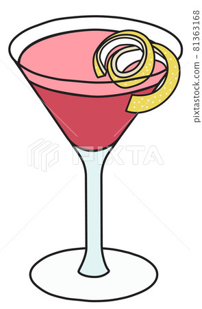 Stylish hand-drawn doodle cartoon style pink Cosmopolitan cocktail in Martini glass garnished with a lemon twist. Vector illustration good for party card, posters, bar menu or alcohol cook book recipe 81363168