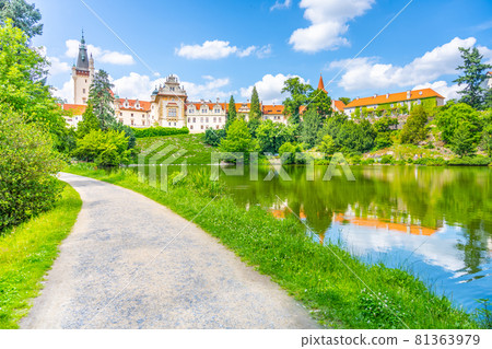Pruhonice castle and natural park landscape with garden lake on sunny summer day, Pruhenice, Czech Republic. UNESCO World Heritage Site 81363979