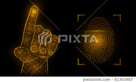 Fingerprint identification concept. Biometric data low poly design. Polygonal vector illustration of a hand pressing with an index finger and a fingerprint Fingerprint identification concept. Biometric data low poly design. Polygonal vector illustration of a hand pressing with an index finger and a fingerprint 81363987