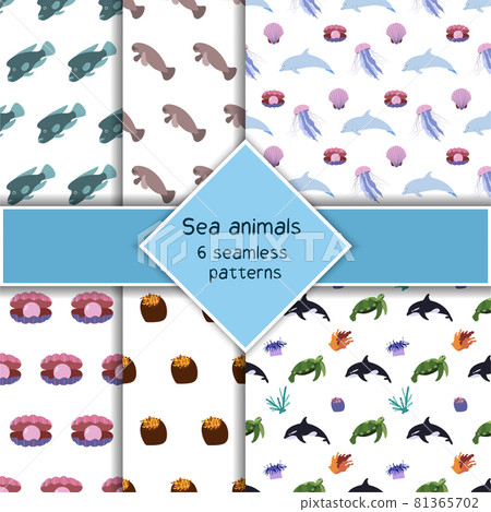 Set with six sea animal seamless pattern with killer whale, turtle and dolphin, jellyfish seahell with pearl. Undersea world habitants print. Hand drawn underwater life collection. 81365702