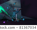 A glass glass filled with purple and blue crystals, on the background of abstract triangles. 3d rendering 81367034