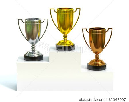 Golden, silver and bronce trophies on champion podium, first, second and third prize 3d rendering Golden, silver and bronce trophies on champion podium, first, second and third prize 3d rendering 81367907