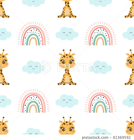 Cute giraffe and rainbow seamless pattern. Flat vector cartoon design 81369592