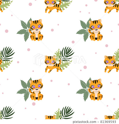 Cute baby tiger cartoon safari seamless pattern. Flat vector cartoon design 81369593