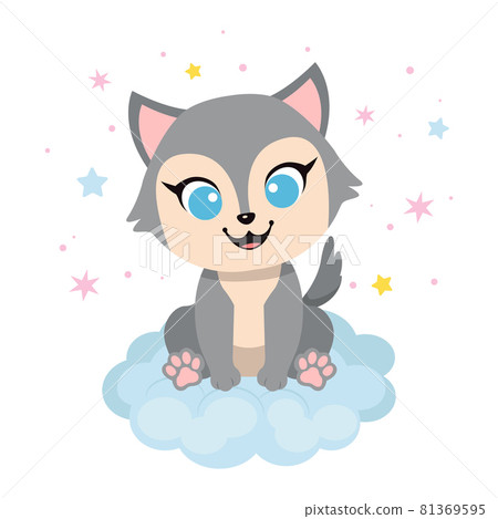Cute little dog sitting on the cloud. Flat vector cartoon illustration 81369595
