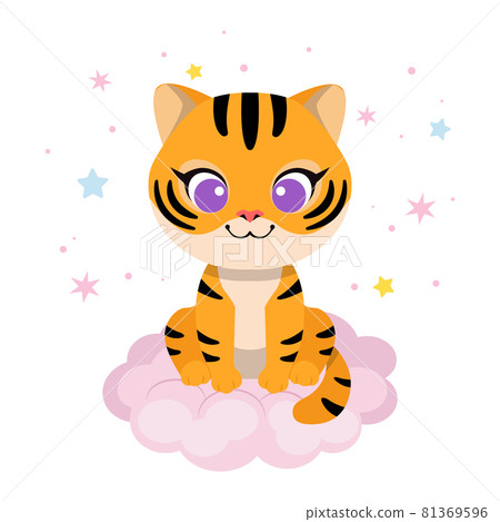 Cute baby tiger sit on the cloud. Baby shower clipart 81369596