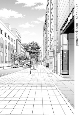 Manga style pen drawing illustration Downtown _ Cityscape 81369947