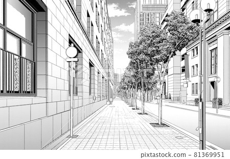 Manga style pen drawing illustration Downtown _ Cityscape 81369951