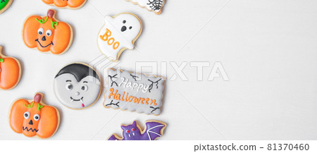 Halloween funny Cookies set on white background. Trick or Threat, Happy Halloween, Hello October, fall autumn, Festive, party and holiday concept 81370460