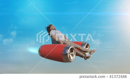 Man flying away on jet armchair 81372886