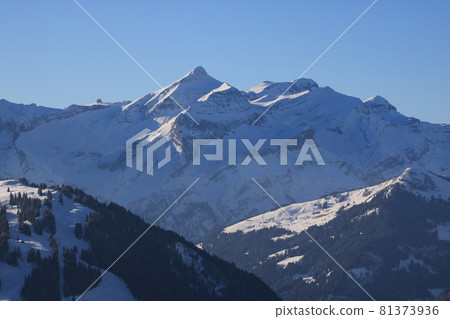 Mount Oldehore and Diablerets Glacier. Winter landscape near Gstaad, Switzerland. Mount Oldehore and Diablerets Glacier. Winter landscape near Gstaad, Switzerland. 81373936