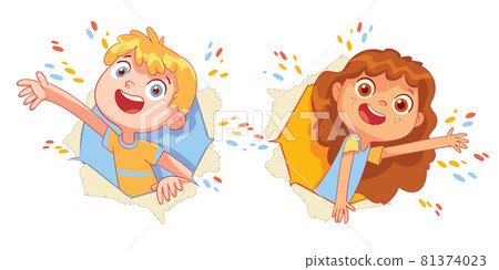 Children look through a torn paper hole Children look through a torn paper hole 81374023