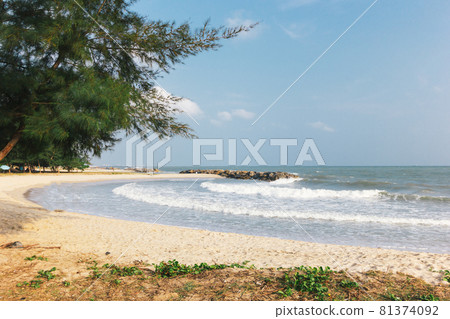 A view of the sea, blue sky, cloudy sky, and beach. A view of the sea, blue sky, cloudy sky, and beach. 81374092