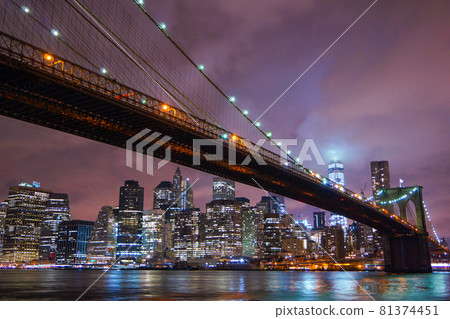 New York Brooklyn Bridge and Downtown Night View New York City, New York, USA 81374451