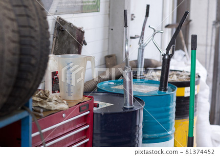 Service station. Oil Barrel for car engine. Service station. Oil Barrel for car engine. 81374452