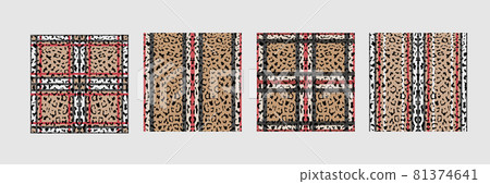 checkered and striped Leopard fashion seamless patterns set 81374641