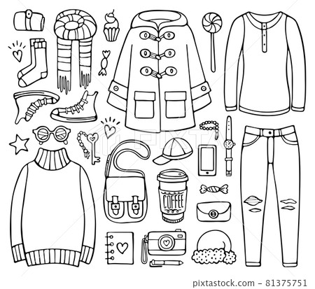 Doodle set of clothes and elements for cold season 81375751