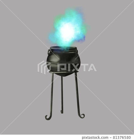 hand-drawn witch's cauldron with a blue potion on an isolated grey background. Watercolor illustration for Halloween hand-drawn witch's cauldron with a blue potion on an isolated grey background. Watercolor illustration for Halloween 81376580