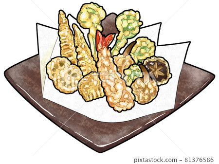 Serving edible wild plants and shrimp tempura with main line (white edge) 81376586