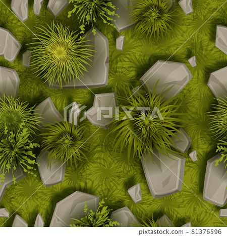 Grass stone vector seamless pattern, ground rock top view texture, green bushes, gray boulders, moss 81376596