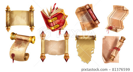 Old parchment paper icon set, vector ancient papyrus manuscript illustration, antique vintage roll Old parchment paper icon set, vector ancient papyrus manuscript illustration, antique vintage roll 81376599