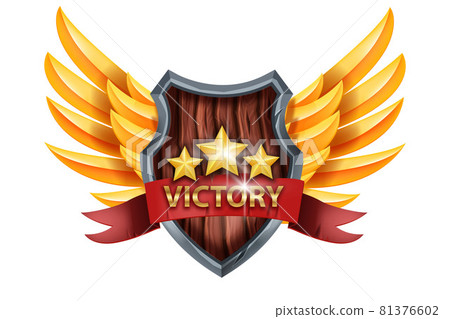 Victory game badge icon, UI vector trophy award, medieval shield, golden wings, star, red ribbon 81376602